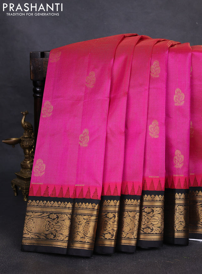 Kuppadam silk cotton saree pink and black with allover vairaosi pattern & zari buttas and zari woven korvai border