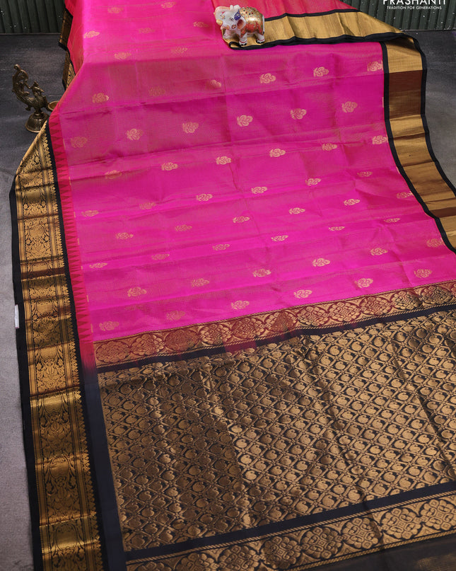 Kuppadam silk cotton saree pink and black with allover vairaosi pattern & zari buttas and zari woven korvai border