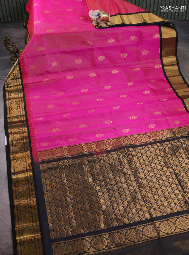 Kuppadam silk cotton saree pink and black with allover vairaosi pattern & zari buttas and zari woven korvai border