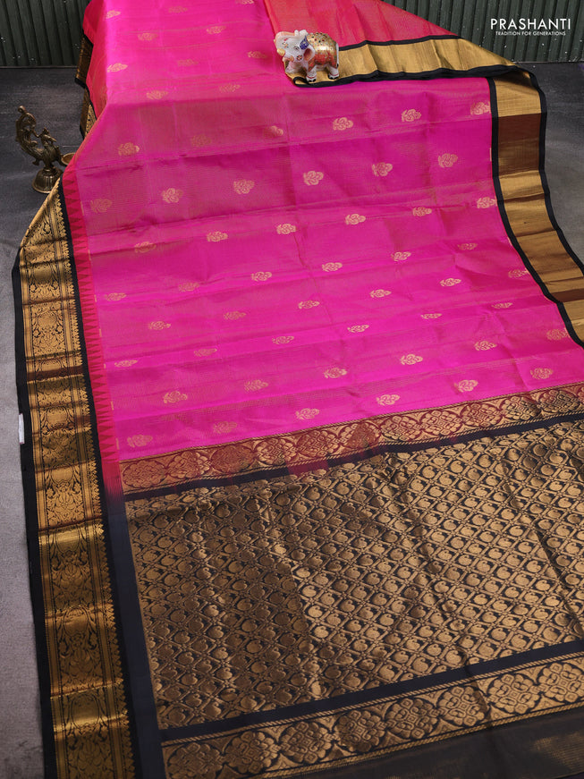 Kuppadam silk cotton saree pink and black with allover vairaosi pattern & zari buttas and zari woven korvai border