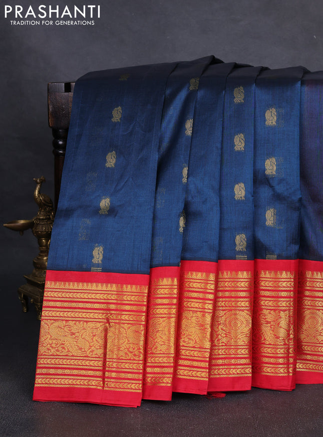 Silk cotton saree peacock blue and red with zari woven buttas and zari woven korvai border