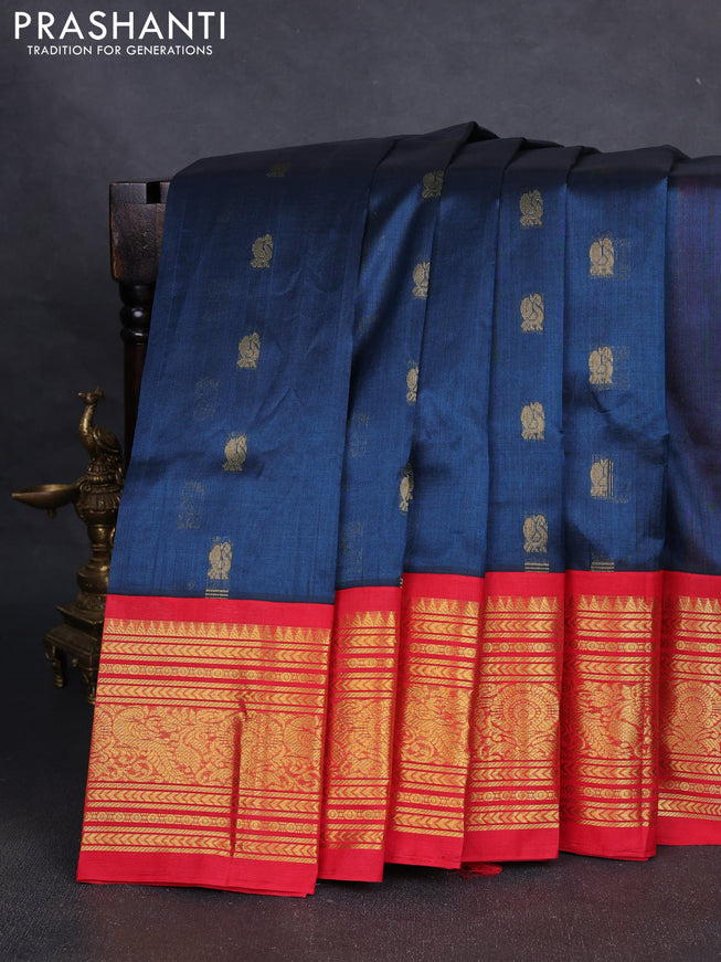 Silk cotton saree peacock blue and red with zari woven buttas and zari woven korvai border