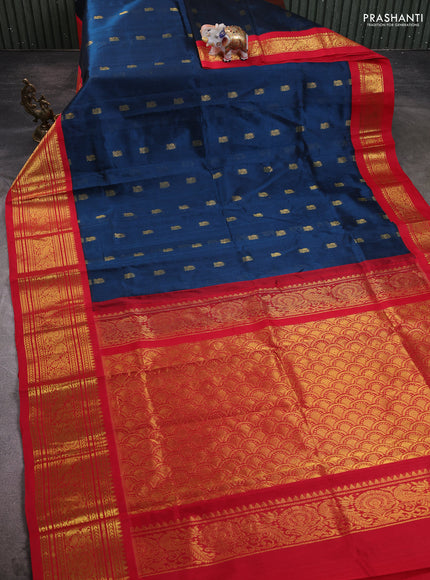 Silk cotton saree peacock blue and red with zari woven buttas and zari woven korvai border