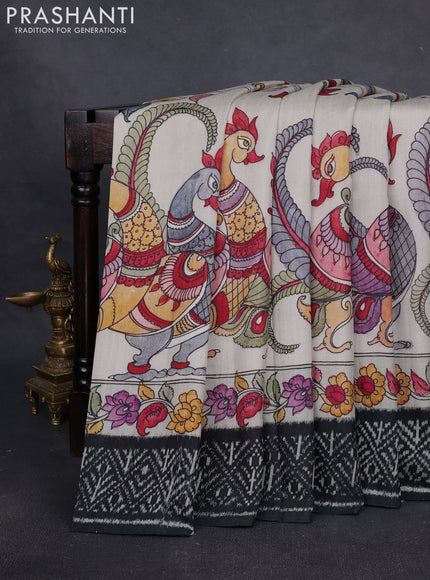Pochampally silk saree off white and black with allover kalamkari digital prints and printed border