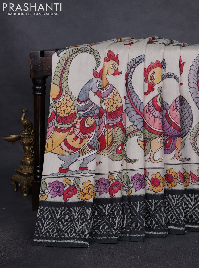 Pochampally silk saree off white and black with allover kalamkari digital prints and printed border
