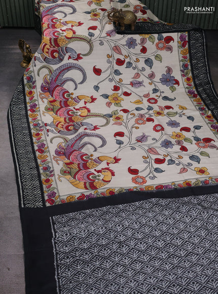 Pochampally silk saree off white and black with allover kalamkari digital prints and printed border