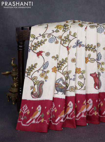 Pochampally silk saree off white and red with allover kalamkari digital prints and printed border