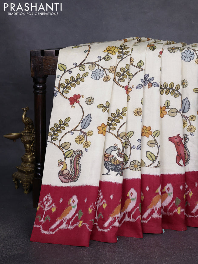 Pochampally silk saree off white and red with allover kalamkari digital prints and printed border