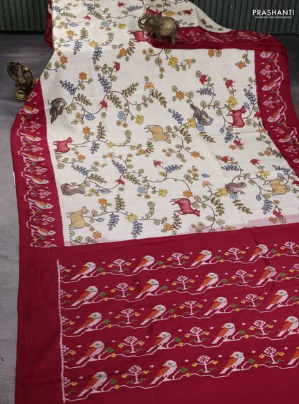 Pochampally silk saree off white and red with allover kalamkari digital prints and printed border
