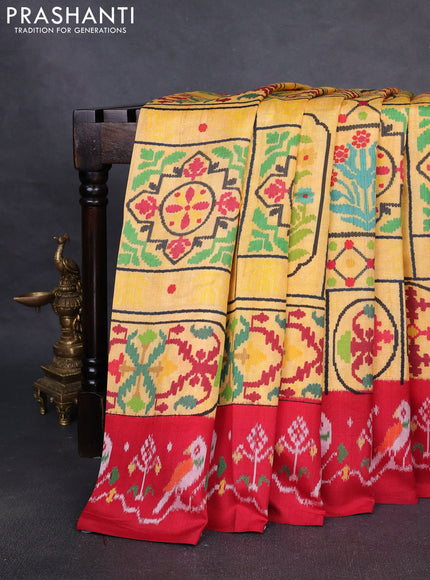 Pochampally silk saree yellow and red with allover digital prints and printed border