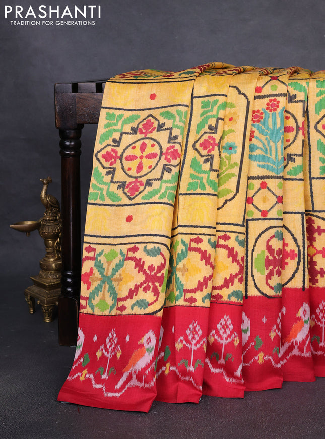 Pochampally silk saree yellow and red with allover digital prints and printed border