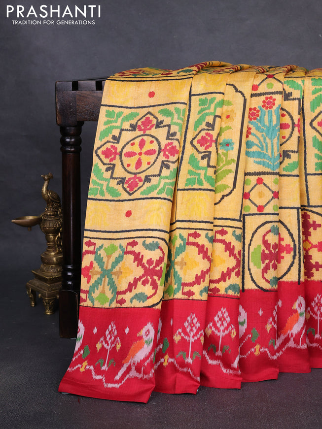Pochampally silk saree yellow and red with allover digital prints and printed border