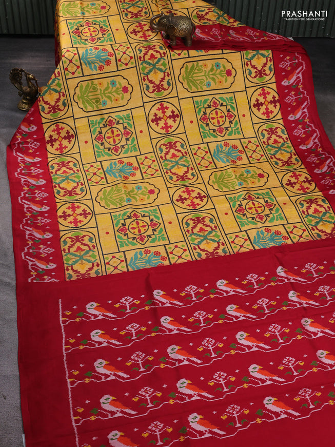 Pochampally silk saree yellow and red with allover digital prints and printed border