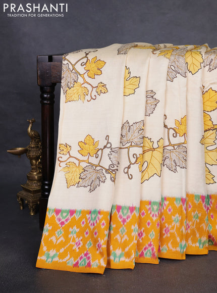 Pochampally silk saree cream and mustard yellow with allover digital prints and printed border