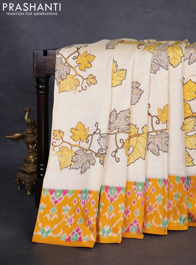 Pochampally silk saree cream and mustard yellow with allover digital prints and printed border
