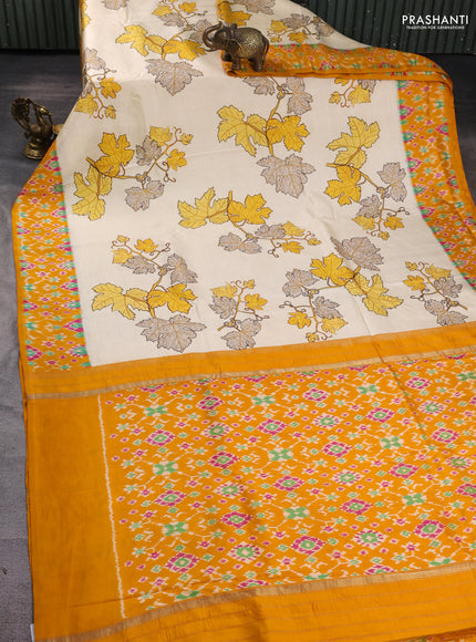Pochampally silk saree cream and mustard yellow with allover digital prints and printed border