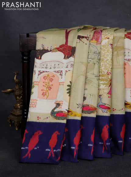 Pochampally silk saree cream and navy blue with allover digital prints and printed border