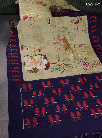 Pochampally silk saree cream and navy blue with allover digital prints and printed border