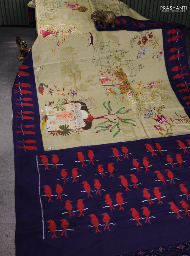 Pochampally silk saree cream and navy blue with allover digital prints and printed border