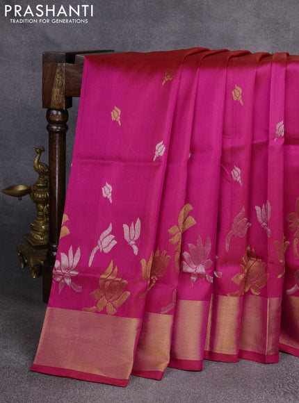 Pure uppada silk saree pink with silver & gold zari woven floral buttas and zari woven border