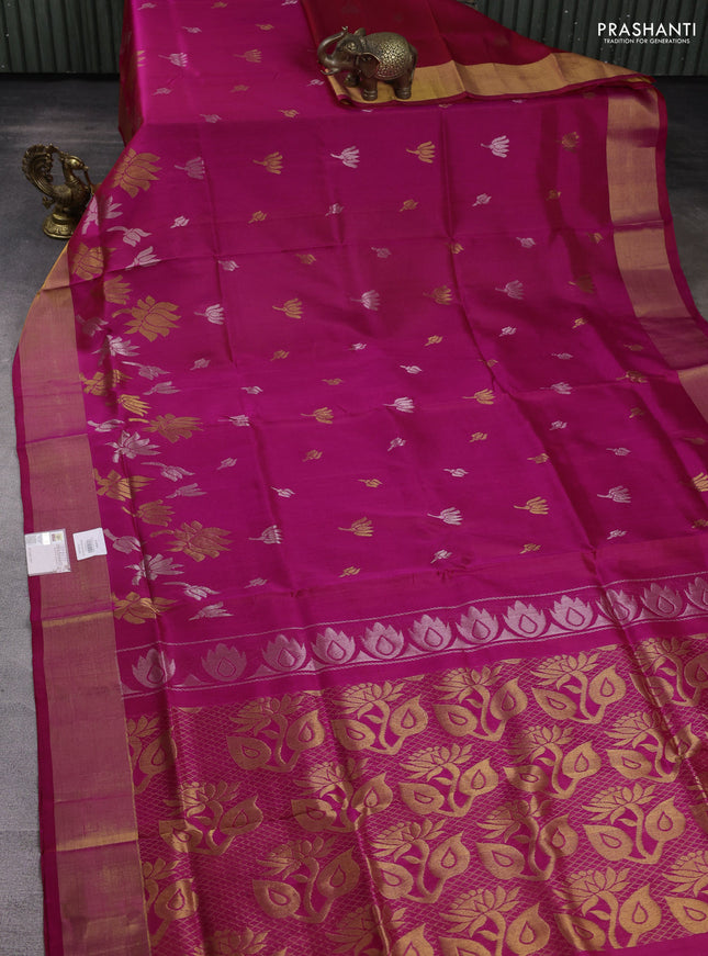 Pure uppada silk saree pink with silver & gold zari woven floral buttas and zari woven border