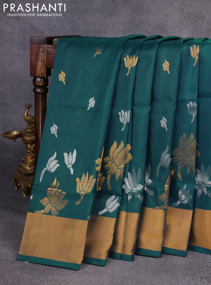 Pure uppada silk saree peacock green with silver & gold zari woven floral buttas and zari woven border