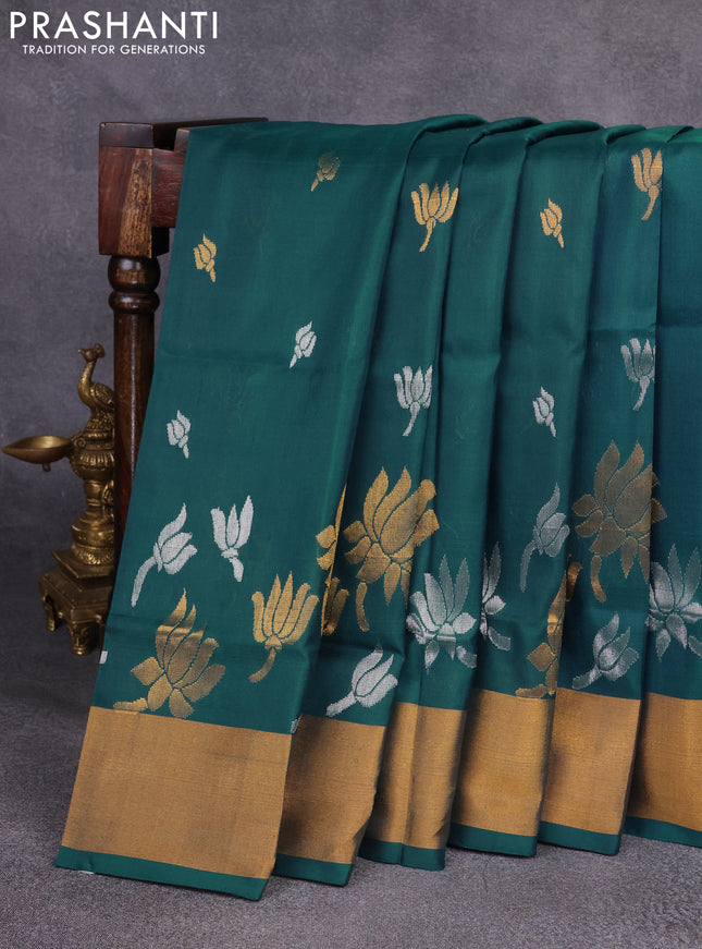 Pure uppada silk saree peacock green with silver & gold zari woven floral buttas and zari woven border