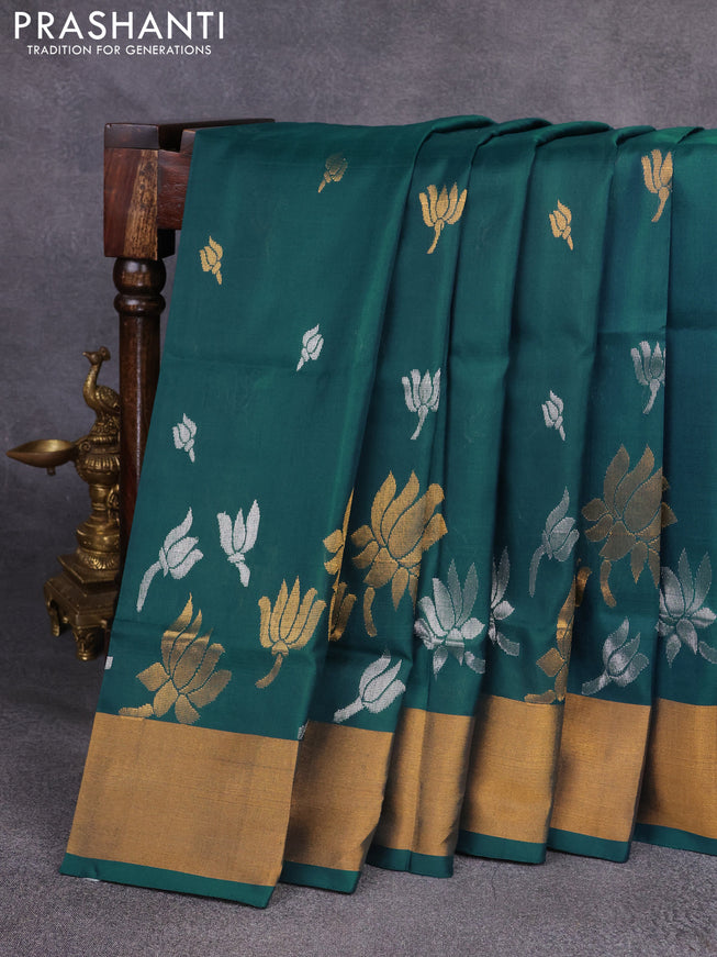 Pure uppada silk saree peacock green with silver & gold zari woven floral buttas and zari woven border