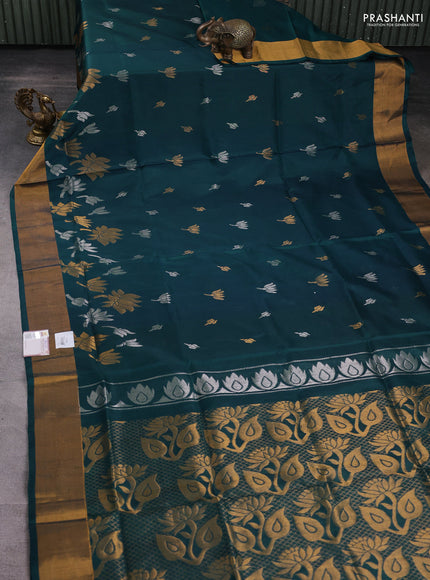 Pure uppada silk saree peacock green with silver & gold zari woven floral buttas and zari woven border