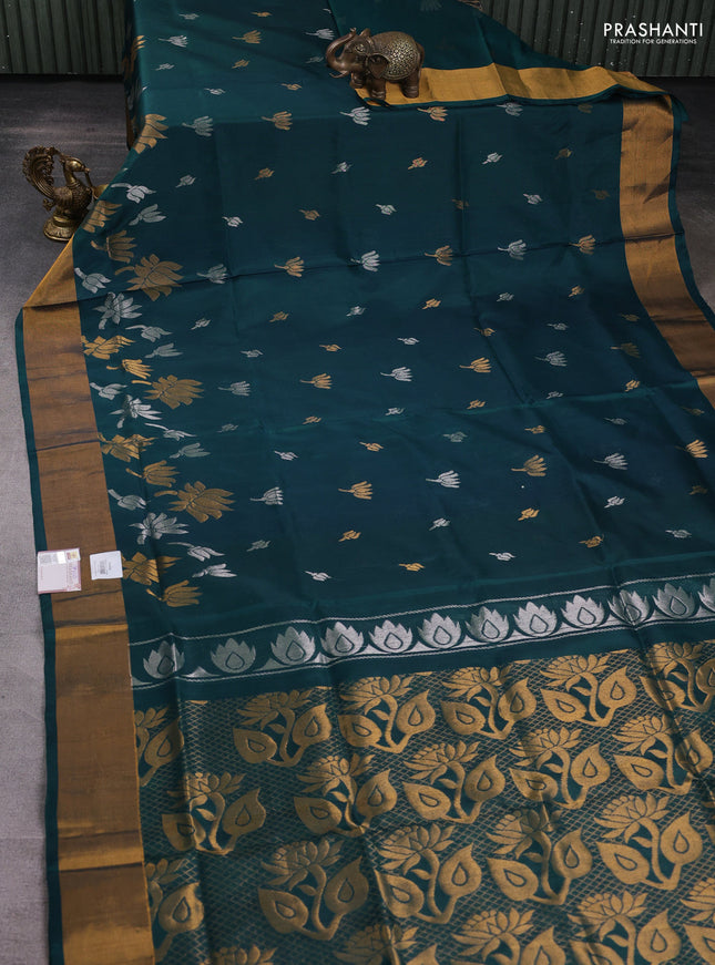 Pure uppada silk saree peacock green with silver & gold zari woven floral buttas and zari woven border