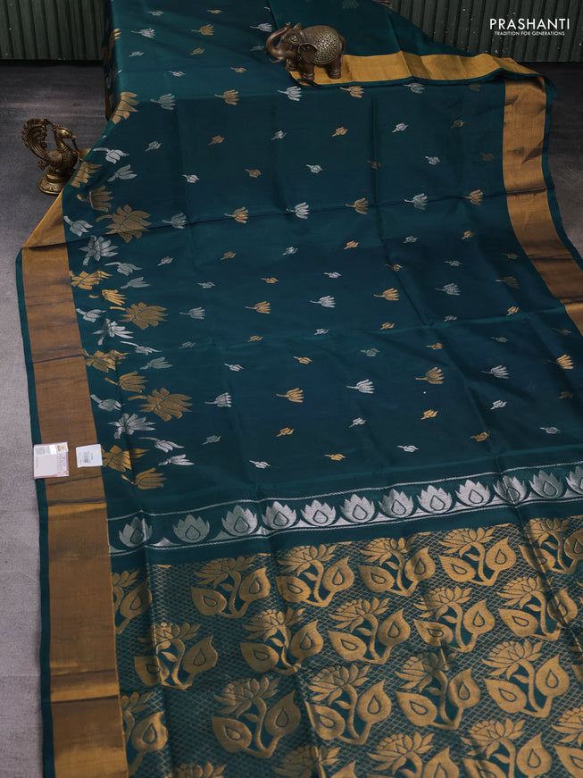 Pure uppada silk saree peacock green with silver & gold zari woven floral buttas and zari woven border