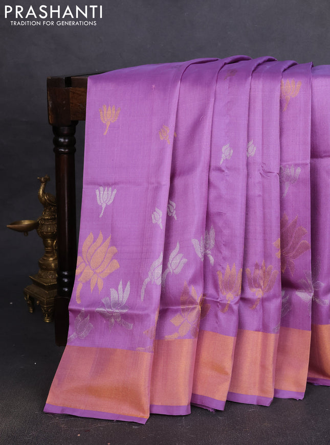 Pure uppada silk saree lavender with silver & gold zari woven floral buttas and zari woven border