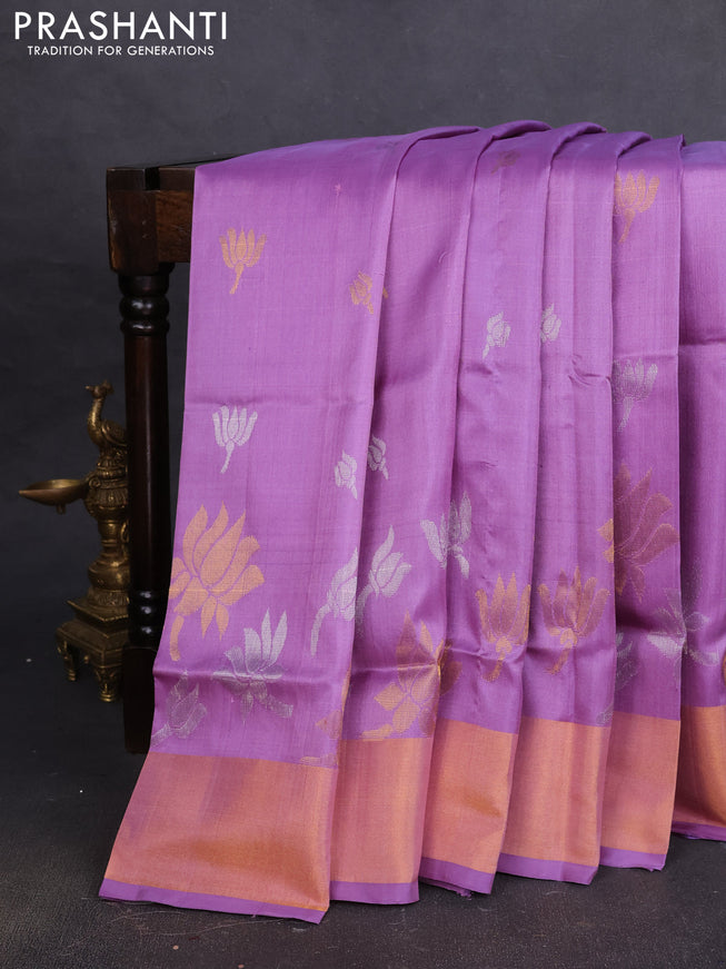 Pure uppada silk saree lavender with silver & gold zari woven floral buttas and zari woven border