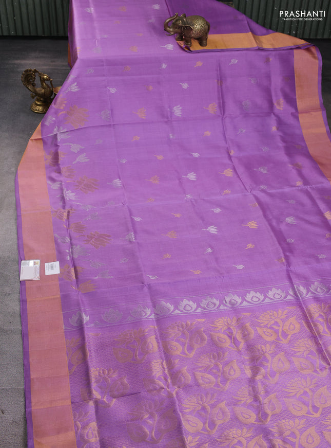 Pure uppada silk saree lavender with silver & gold zari woven floral buttas and zari woven border