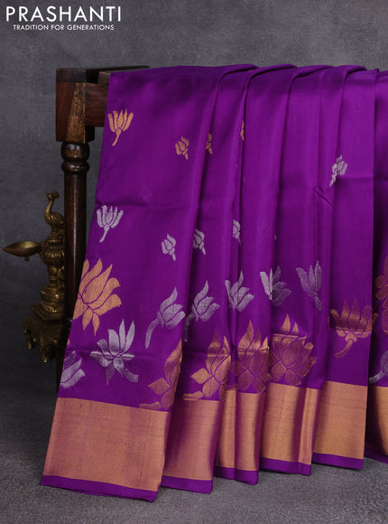 Pure uppada silk saree violet with silver & gold zari woven floral buttas and zari woven border
