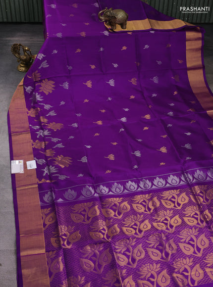 Pure uppada silk saree violet with silver & gold zari woven floral buttas and zari woven border