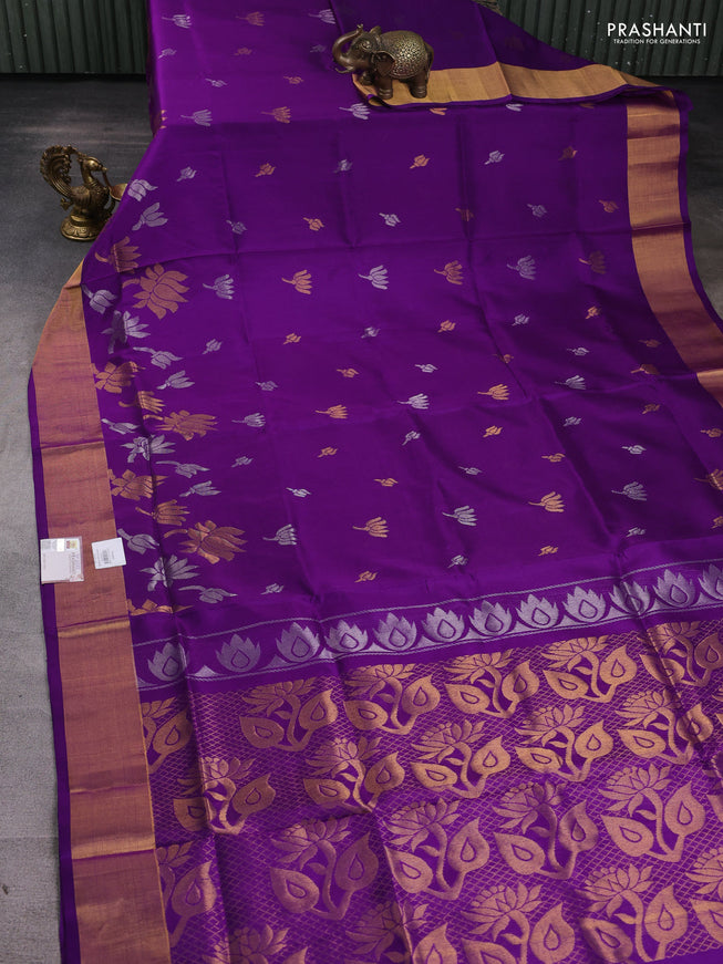 Pure uppada silk saree violet with silver & gold zari woven floral buttas and zari woven border