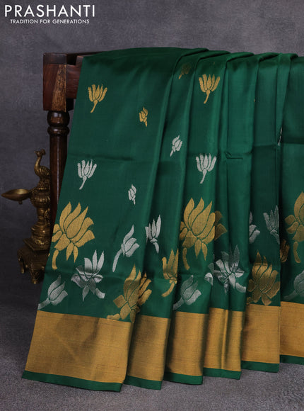 Pure uppada silk saree green with silver & gold zari woven floral buttas and zari woven border
