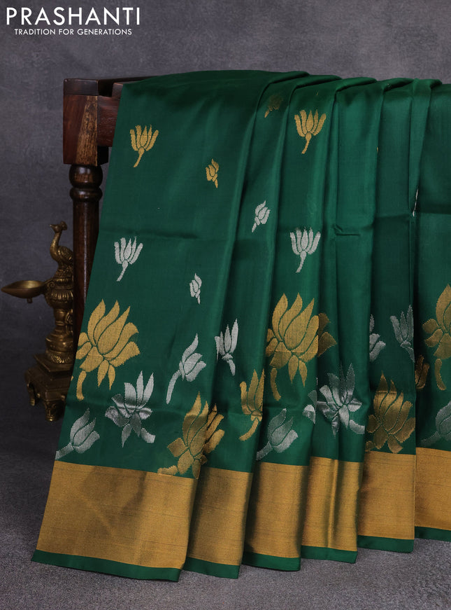 Pure uppada silk saree green with silver & gold zari woven floral buttas and zari woven border
