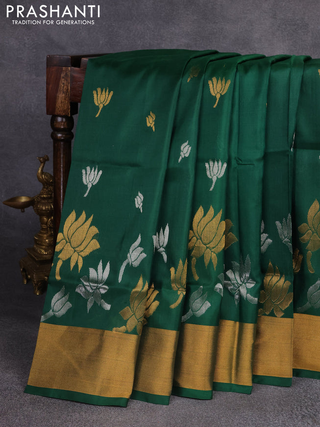 Pure uppada silk saree green with silver & gold zari woven floral buttas and zari woven border