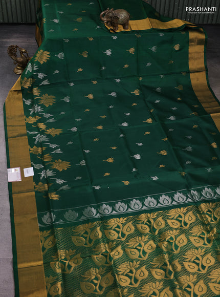 Pure uppada silk saree green with silver & gold zari woven floral buttas and zari woven border