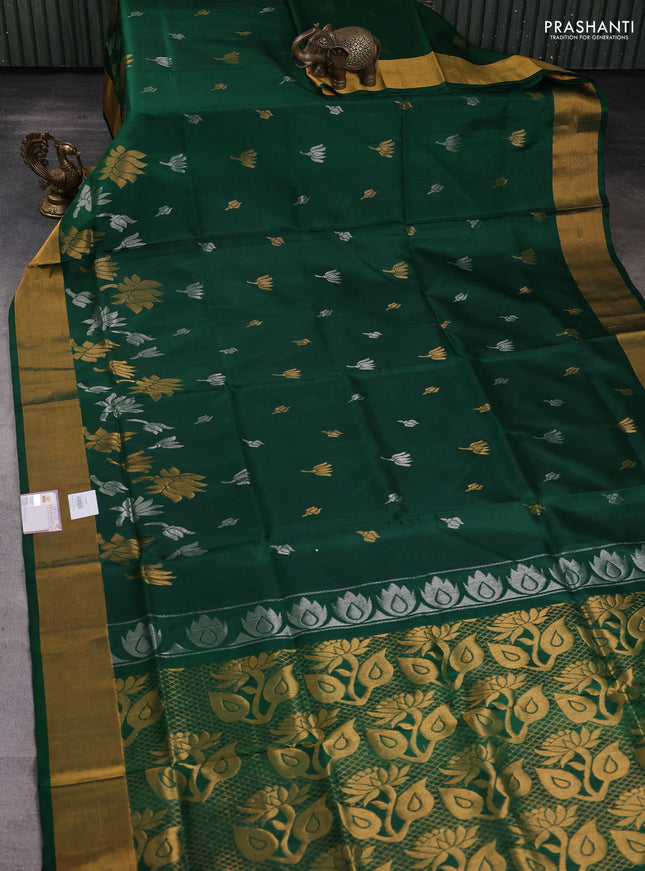Pure uppada silk saree green with silver & gold zari woven floral buttas and zari woven border