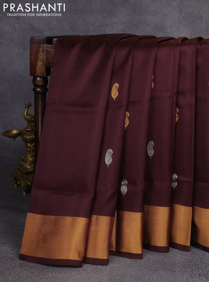 Pure uppada silk saree deep maroon with silver & gold zari woven paisley buttas and zari woven border