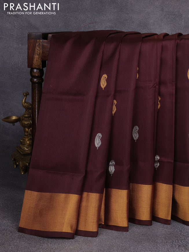 Pure uppada silk saree deep maroon with silver & gold zari woven paisley buttas and zari woven border