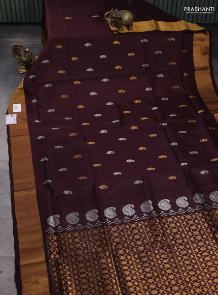 Pure uppada silk saree deep maroon with silver & gold zari woven paisley buttas and zari woven border
