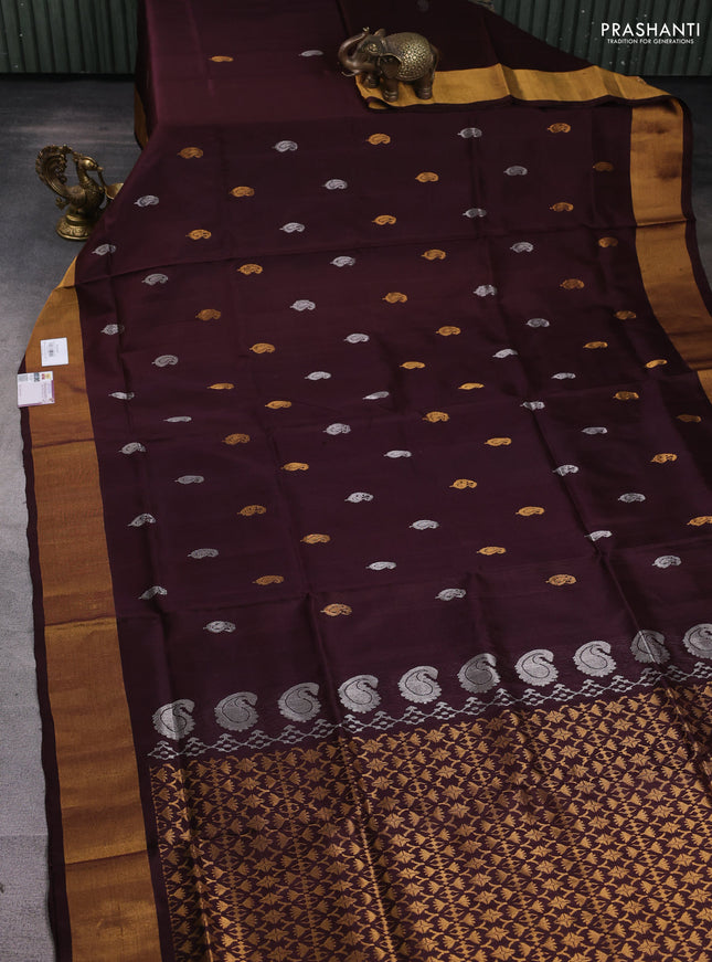 Pure uppada silk saree deep maroon with silver & gold zari woven paisley buttas and zari woven border