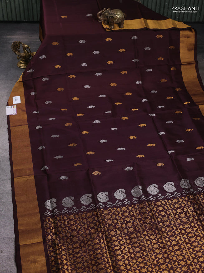 Pure uppada silk saree deep maroon with silver & gold zari woven paisley buttas and zari woven border