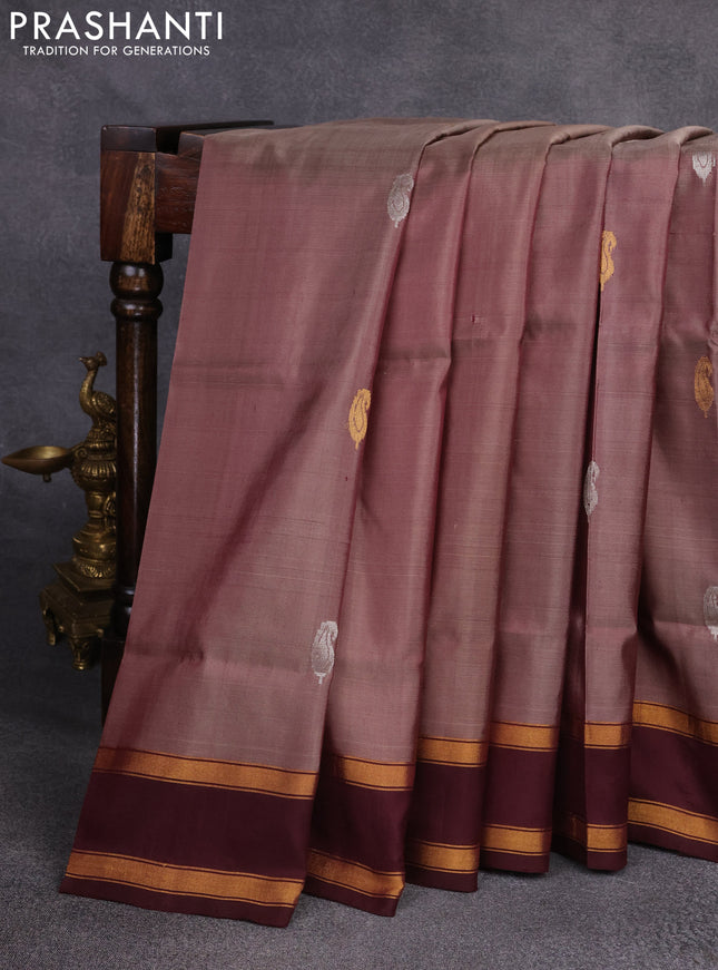Pure uppada silk saree brown and deep maroon with silver & gold zari woven buttas and zari woven border