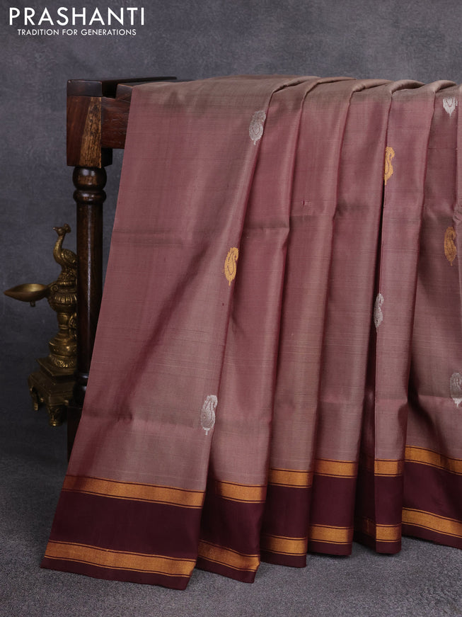 Pure uppada silk saree brown and deep maroon with silver & gold zari woven buttas and zari woven border
