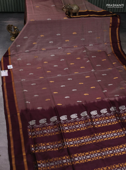 Pure uppada silk saree brown and deep maroon with silver & gold zari woven buttas and zari woven border